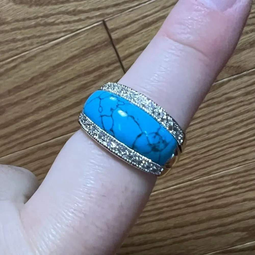 Lia Sophia Mesa/Premise Rhinestone Faux Turquoise Silver‎ Tone Dome Ring Sz 9